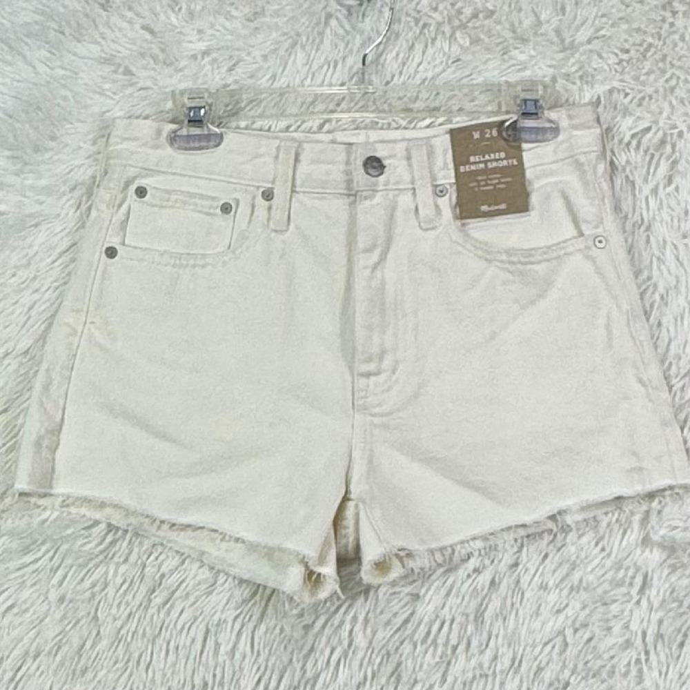 Madewell Relaxed Denim Shorts Tile White Ivory Raw Hem Size 26 NWT